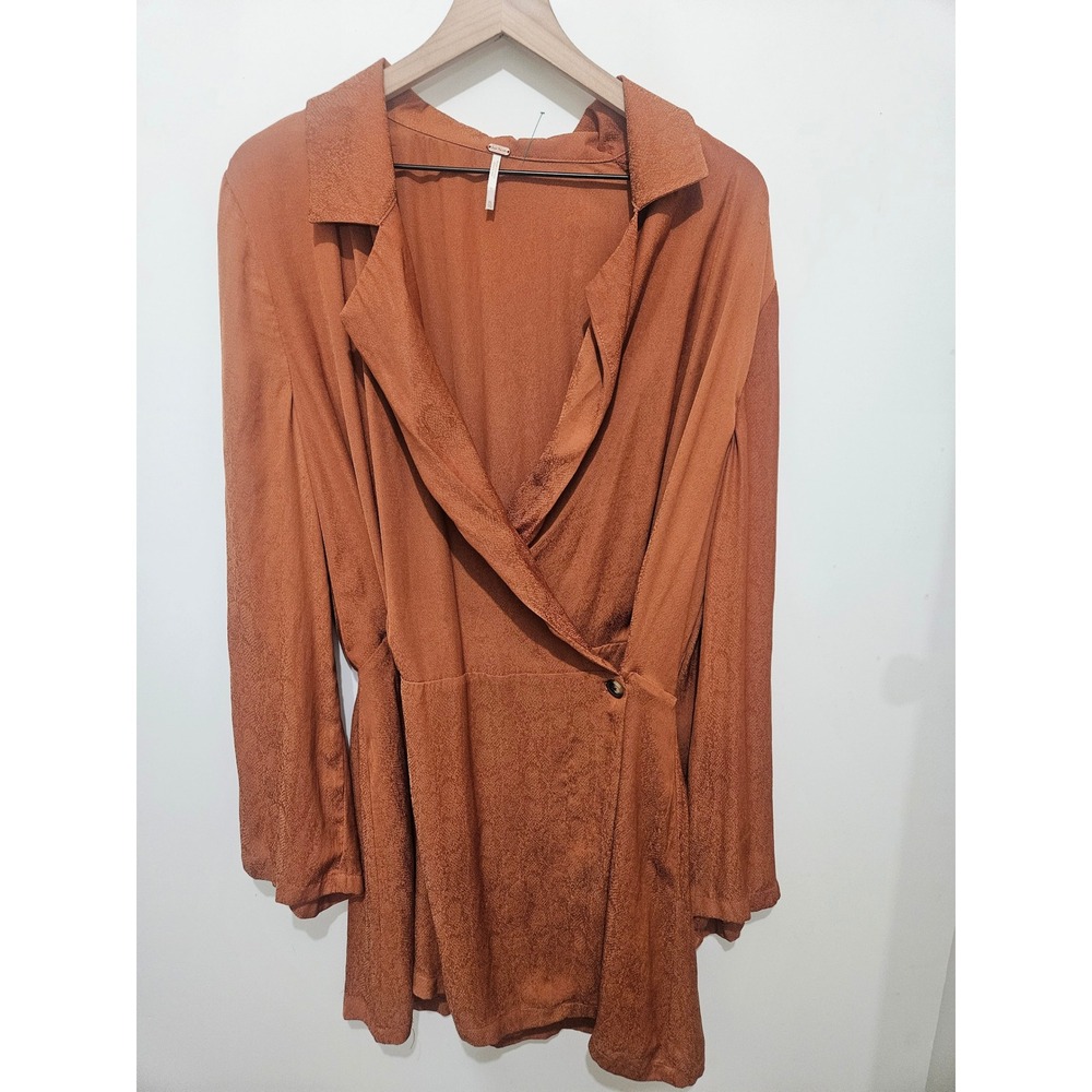 Free People Rust Orange‎ Animal Print Jacquard Wrap Mini Dress XL Long Sleeve